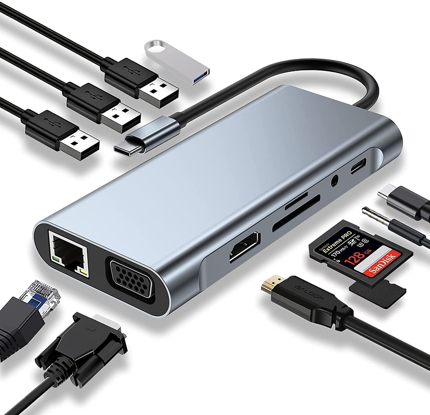 USB C HUB, USB C Adapter 11 in 1 Dongle with 4K HDMI, VGA, Type C PD, USB3.0, RJ45 Ethernet, SD/TF , 3.5mm AUX, Docking Station Compatible with MacBook Pro/Air, Other Type C Laptops