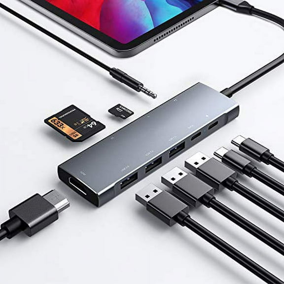 USB C HUB for iPad Pro 9-in-1 Adapter iPad Pro 2021 2020 2018 12.9 11 inch iPad Air 4 Docking Station with 4K HDMI USB-C PD Charging, SD/Micro Card Reader, USB 3.0, 3.5mm Headphone Jack Type C Data