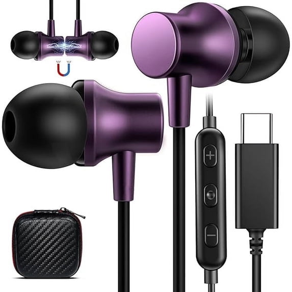 USB C Headphone Type C Wired Earbuds for iPhone 16 15 Pro Max iPad 10 Air 6 Pixel 9 8 Magnetic Bass Noise Canceling in-Ear Earphone w/Mic for Samsung Galaxy S25 Ultra A16 S24 S23 S22 OnePlus 13