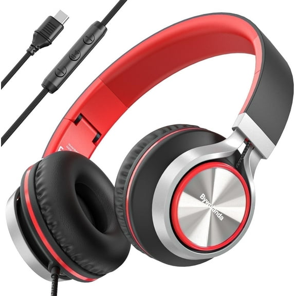 USB C Headphones with Mic and Volume Control, Over Ear Stereo Headsets, Wired Foldable Headphones for Smartphones Chromebook Laptop Tablets Travel