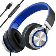 USB C Headphones with Mic and Volume Control, Over Ear Stereo Headsets, Wired Foldable Headphones for Smartphones Chromebook Laptop Tablets Travel(Black/Blue)