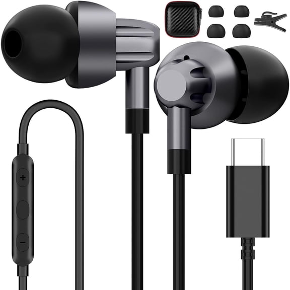 USB C Headphones for Samsung Galaxy S24/S23 Ultra/S22/S21 FE/S20/A54/Note 20 10+ Wired Earbuds with Microphone Noise Canceling In-Ear Type C Earphones Stereo Bass for iPhone 16 Pixel 8 7 6,Metal-Grey