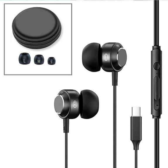 USB C Headphones for Samsung S24 S23 FE S22 S21 S20 A53 A54 Wired Earbuds Metal in-Ear Type C Earphone with Microphone Volume Control Bass Stereo for iPhone 17 Pro Max iPhone 16 Pro Max Pixel (Black)