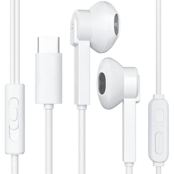 USB C Headphones, Type C Earbuds USB C Earphones HiFi Stereo Audio with Mic & Volume Control, White