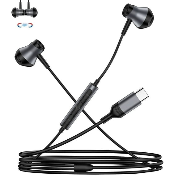 USB C Headphones Wired, Magnetic Wired Earbuds Type C Earphones with Microphone & Remote Control, Bass Stereo Noise Cancelling in-Ear Wired Headphone Compatible for iPhone, Samsung, Pixel, Black