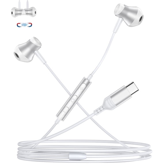 USB C Headphones Wired, Magnetic Wired Earbuds Type C Earphones with Microphone & Remote Control, Bass Stereo Noise Cancelling in-Ear Wired Headphone Compatible for iPhone, Samsung, Pixel, White