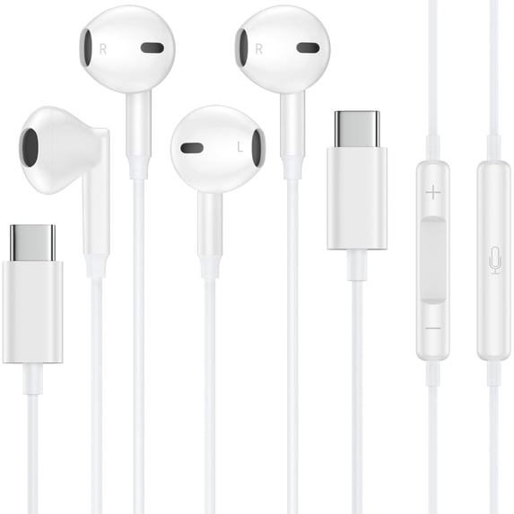 AbcPow 2 pack USB C wired headphones, White, with microphone, remote control, noise cancelling, for iPhone and Android