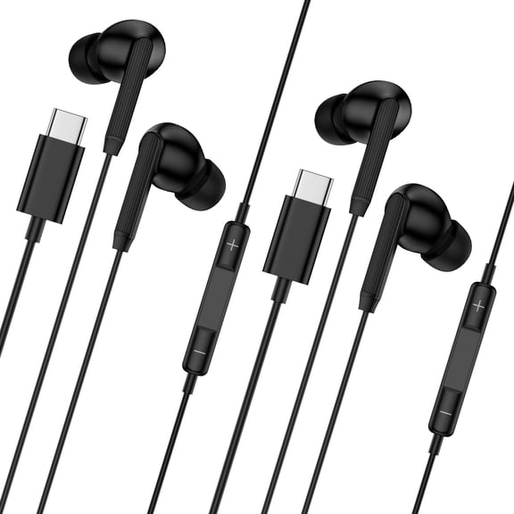 USB C Headphones Wired for iPhone 17 16 15, 2 Pack Type C Wired Earphones Ergonomic In-Ear Stereo Headphones Earbuds with Mic&Remote Control Noise Cancelling Compatible for Samsung Android, Black