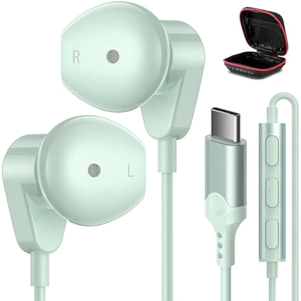 USB C Headphones for iPhone 16 15 Plus Pro Max,iPad 10,USB Type C Earphones HiFi Stereo USB C Wired Earbuds with Mic Volume Control for Samsung S24 Ultra S23 S22 S21 FE A53,Pixel,OnePlus, Mint