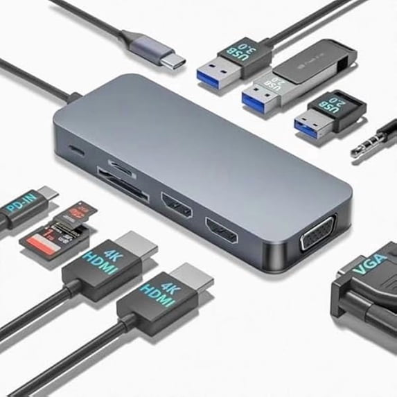 USB C Hub, 10-in-1 Docking Station Dual Monitor with 4K HDMI, VGA, Fast Charging Port, USB 3.0 & 2 USB 2.0 Ports, SD/TF Card Reader, 3.5mm AUX, USB C Dongle for MacBook, Dell, Lenovo, HP Laptops