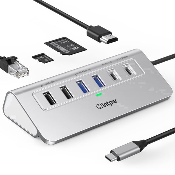 INTPW P9R USB C Hub with Ethernet for Laptop, 10-in-1 Multiport Adapter with RJ45 LAN, 4K HDMI, 100W PD, 5Gbps USB Ports, SD/TF Card Reader for MacBook, iPad, Windows