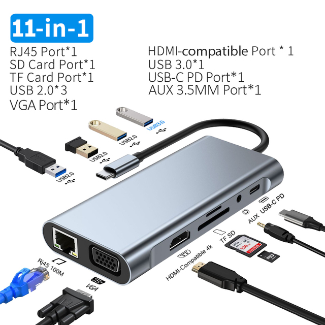 USB C Hub 11/8/6/5/4 in 1 Docking Station Adapter to 4K