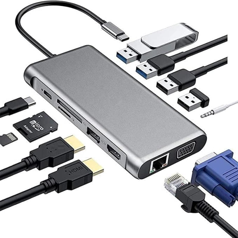USB C Hub, 12-in-1 USB C Hub Multiport Adapter, with 4K HD, USB-C and 5-Slot USB 3.0 5Gbps Data Transfer Port, SD/TF Card Reader,1Gbps Ethernet RJ45 Hub with DC 3.5Audio