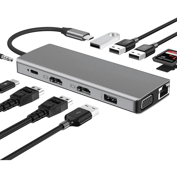 USB C Hub, 13-in-1 Type C Hub with Ethernet, 4K USB C to 2 HDMI, VGA, 2 USB 3.0, 2 USB 2.0, 100W PD, SD/TF Cards Reader, Mic/Audio Docking Statio