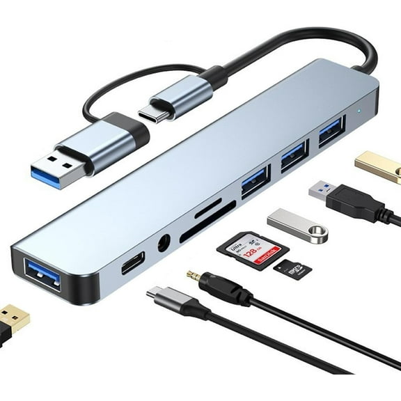 USB C Hub 3.0, Aluminum 8 in 1 Extender with SD/TF Card Reader, 3.5mm Aux Headphone Jack for Pro Air and More PC/Laptop/Tablet Devices