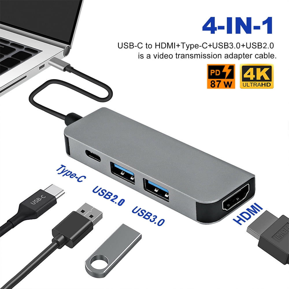 USB C Hub, 4-in-1 USB C Adapter with 4K USB C to HDMI Hub,87W Power Delivery,USB 3.0,Thunderbolt 3 Multiport Hub Compatible with Mac Book Pro, XPS, iPad Pro,More Type C Devices