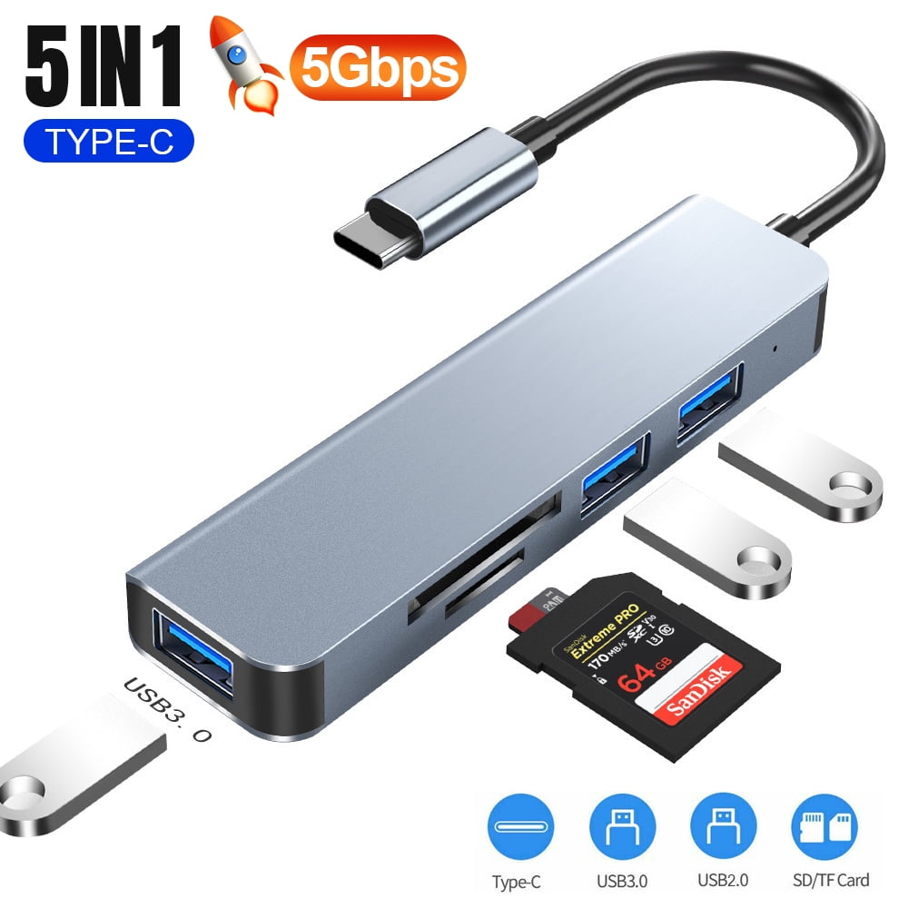 USB C Hub, 5 in 1 Type C Adapter Hub with 3 USB 3.0 Ports & SD/TF Card Reader Compatible for New MacBook Pro/Air, ChromeBook,Surface, Samsung S9/S8 and More