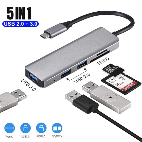 USB C Hub 5 in 1 Type C Adapter with 3-Ports USB 3.0 Dongle and SD/TF Card Reader