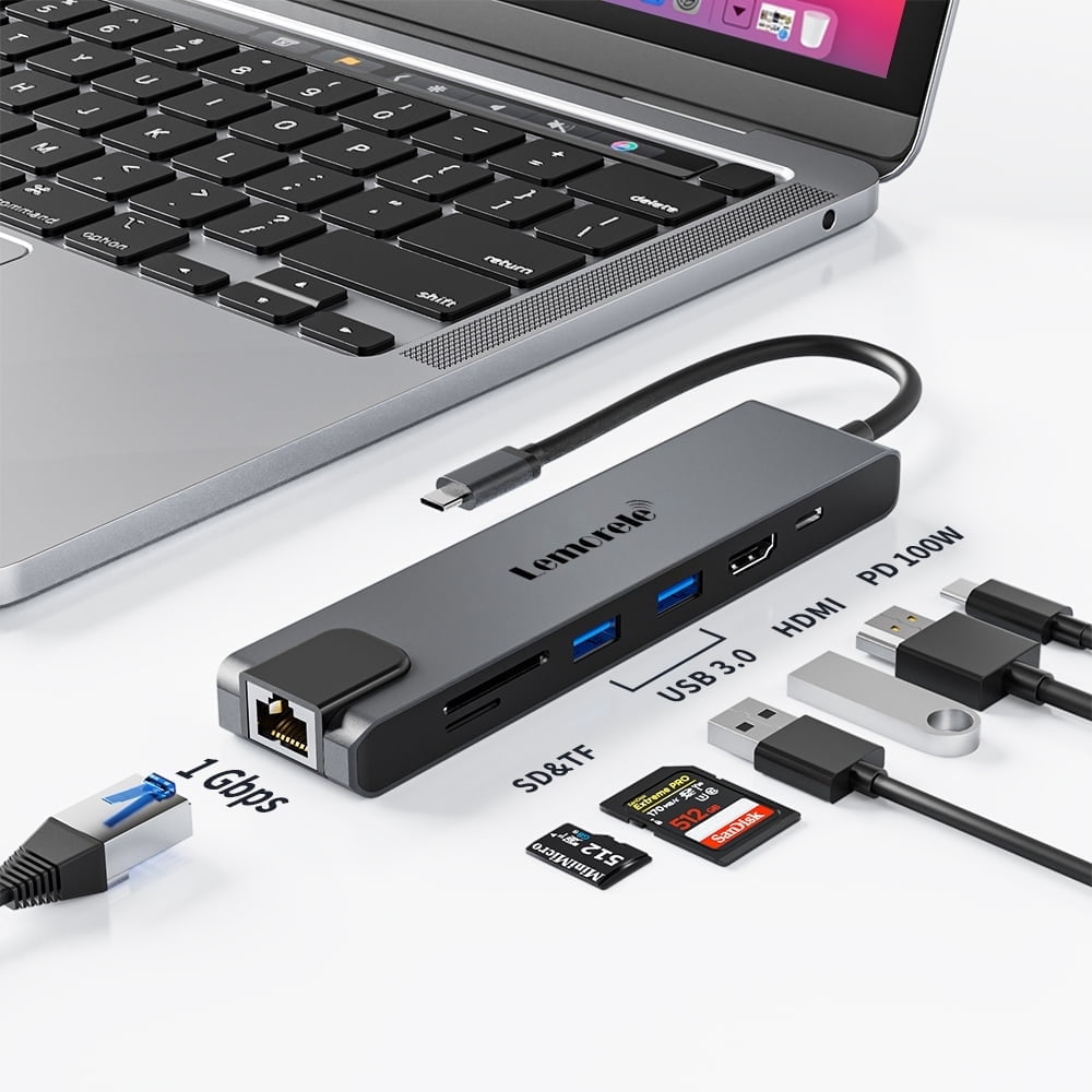 Lemorele USB C Hub, 7 in 1 Aluminum Multiport Adapter with RJ45 1000M, 100W PD, 4K HDMI, 2 USB 3.0 Ports, SD/TF Card Reader, Docking Station for MacBook, iPad, Chromecast, Switch, PS4