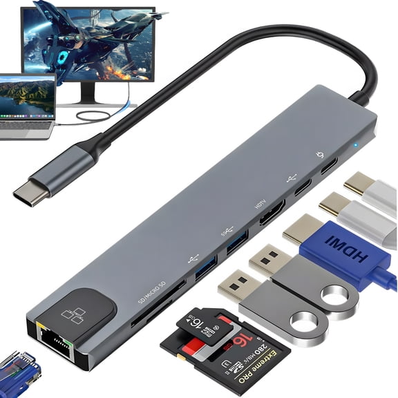 USB C Hub, 8 in 1 USB C to HDMI Splitter, 2 USB 3.1 GEN1 and 5Gbps Type-C Data Port, 4K HDMI Port, PD 100W Charging, SD Card Reader, for iPhone 15/Mac/Dell/Acer/HP/ASUS/Steam Deck/Rog Ally