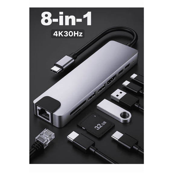 USB C Hub 8-in-1 Adapter with 4K HDMI, 100W PD Charging, 3 USB 3.0 Ports, Ethernet Port, SD/TF Card Reader, USB-C Multiport Hub Compatible with MacBook, Windows Laptop, iPad, Android