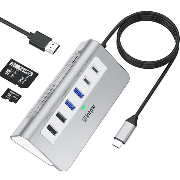 intpw USB C Hub, P9 USB C Hub Multiport Adapter with 4K@30Hz HDMI, PD 100W, Type-C & 2 USB A 3.0 5Gbps, 2 USB A 2.0, SD/TF Card Reader, Aluminum USB Hub for Laptop, iPhone 17 Series, MacBook, iPad