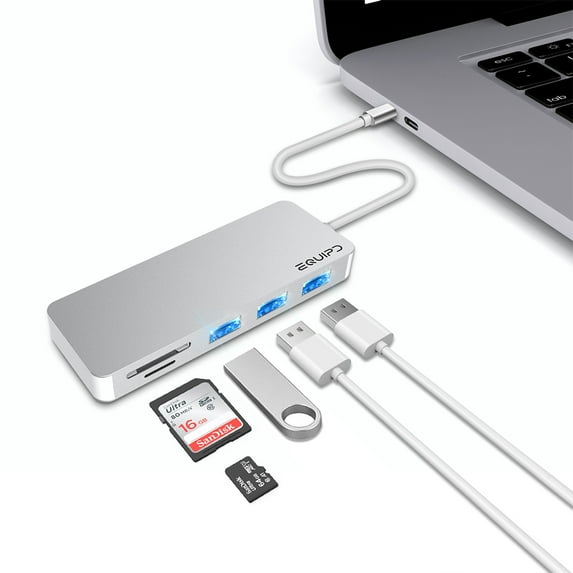 USB C Hub, EQUIPD Aluminum 5 in 1 USB Type C to 3 USB 3.0 Ports, SD/Micro SD Card Reader USB C Hub Multiport Adapter Desigend for MacBook Pro/Air HP XPS and Other Type C Devices (Silver)