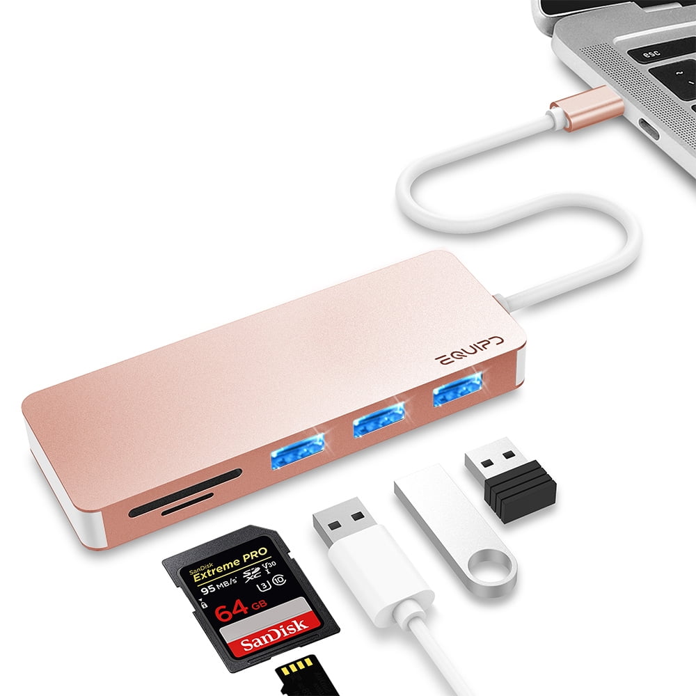 USB C Hub, EQUIPD Aluminum 5 in 1 USB Type C to 3 USB 3.0 Ports, SDMicro SD Card Reader USB C Hub Multiport Adapter Desigend for MacBook ProAir HP XPS and Other Type C Devices Rose Gold
