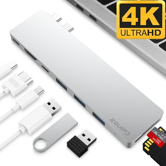 USB C Hub, EQUIPD Aluminum 8 in 1 USB Type C to 4K HDMI Multiport Adapter, Thunderbolt 3, 3 USB 3.0 Ports, SD/Micro SD Card Reader USB C Hub for MacBook Pro/Air/M1 (Silver)