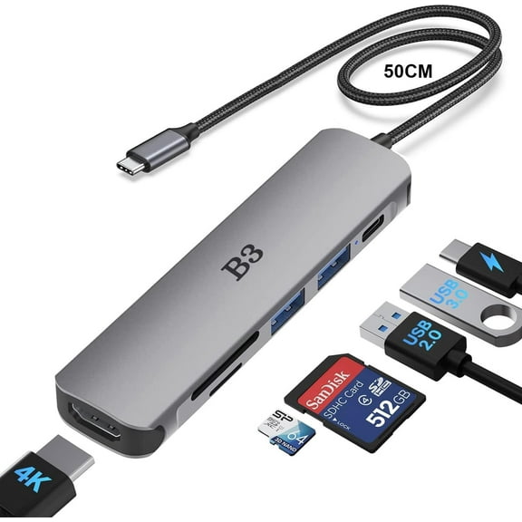 USB C Hub HDMI Adapter for MacBook Air Pro, 6 in 1 4K Dongle Multiport Converter with 50cm Cable, USB 3.0 5Gbps Data Transfer, 55W PD, SD/TF Card Slot, Digital AV Connector for Mac M1 M2 PC Laptop