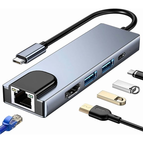 USB C Hub Multiport Adapter 5-in-1, with HDMI, Ethernet Port, USB 3.0/2.0 Port, PD 100W Charging, Compatible with MacBook Pro/Air, Pad Pro, iMac, XPS and More