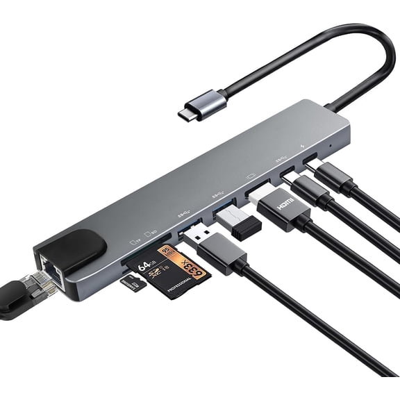 USB C Hub Multiport Adapter, 8 in 1 USBC Dongle with 4K HDMI, RJ45 Ethernet, 100W PD Charging, 3.0, SD/TF Card Reader, USB-C Docking Station for MacBook Pro/Air, Dell, HP and Other Type Devices