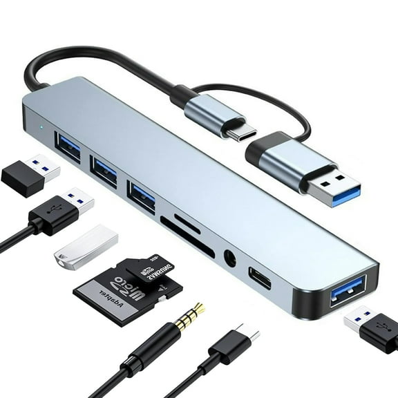USB C Hub Multiport Adapter 8-in-1, USB Splitter with USB 3.0, 3 USB 2.0, USB-C Port, SD/TF Card Reader, 3.5mm Audio Jack Compatible with Phone Pad PC and More