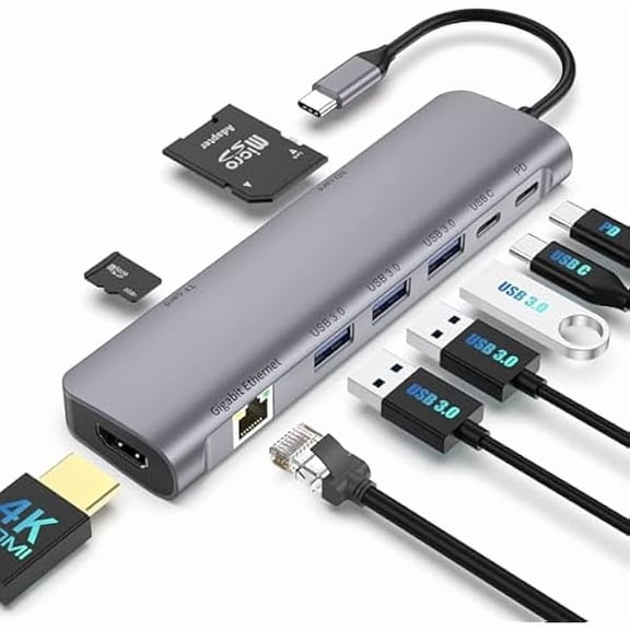 USB C Hub Multiport Adapter, 9 in 1 Docking Station Laptop with HDMI, Ethernet, 100W PD, 3 USB 3.0 Ports, USB-C Data Port, SD/TF Card Reader, Compatible with MacBook Pro/Air/Dell XPS/Lenovo