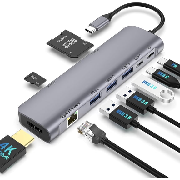 USB C Hub Multiport Adapter, 9 in 1 Docking Station Laptop with HDMI, Ethernet, 100W PD, 3 USB 3.0 Ports, USB-C Data Port, SD/TF Card Reader, Compatible with MacBook Pro/Air/Dell XPS/Lenovo