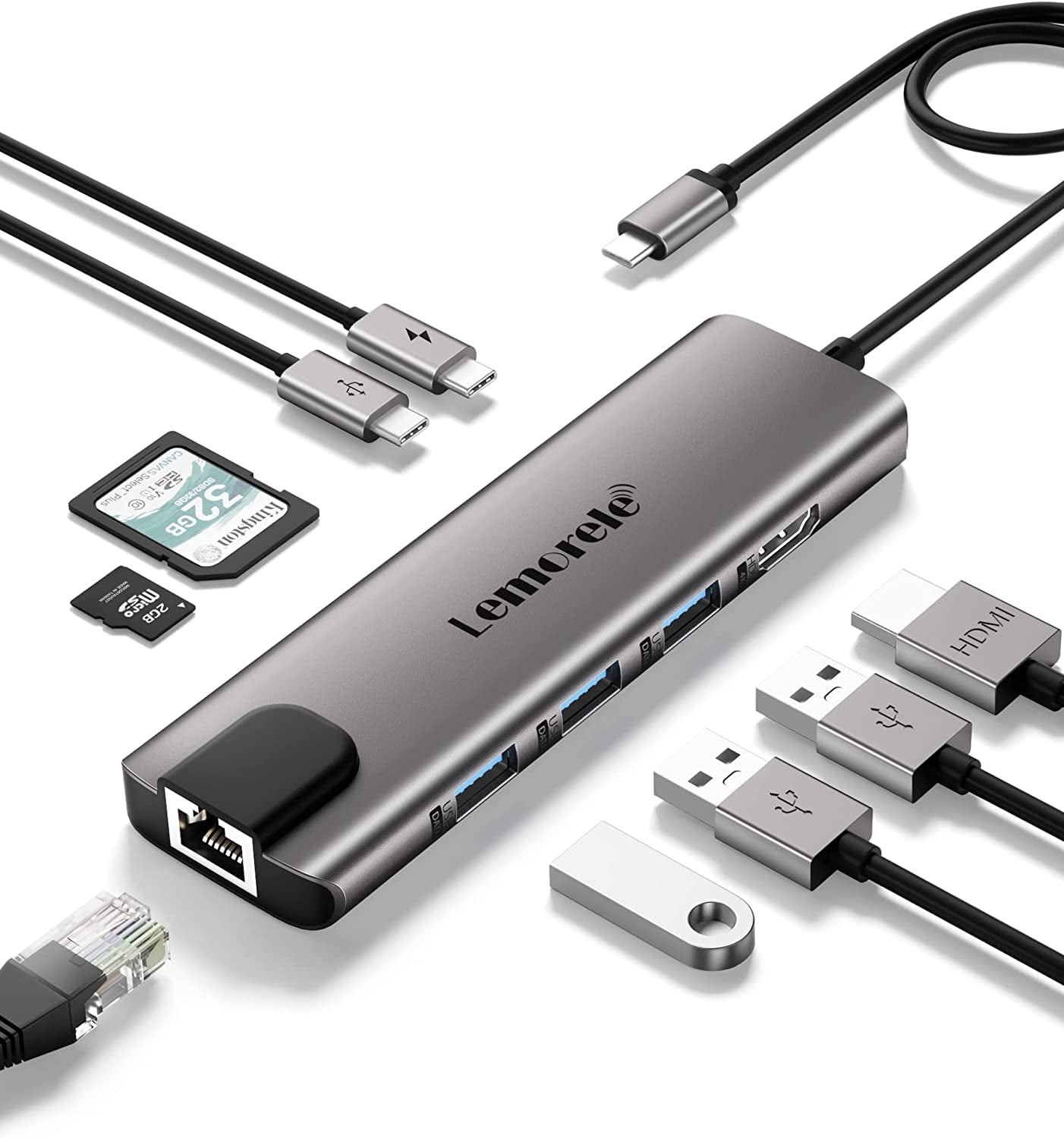 USB C Hub Multiport Adapter 9 in 1 w/Gigabit Ethernet, 100W PD, HDMI 4K, 3 USB 2.0, 5Gbps USB C Data Port, SD/TF Card Reader, Dongle Docking Station for MacBook Lenovo HP Laptops