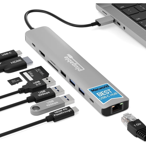 USB C Hub Multiport Adapter: 9-in-1 with 140W PD Charging, 4K 60Hz HDMI, 10Gbps Data Transfer, Gigabit Ethernet, SD for USBC, USB4, Thunderbolt MacBook, Windows, Chromebook (USBC-9IN1E)