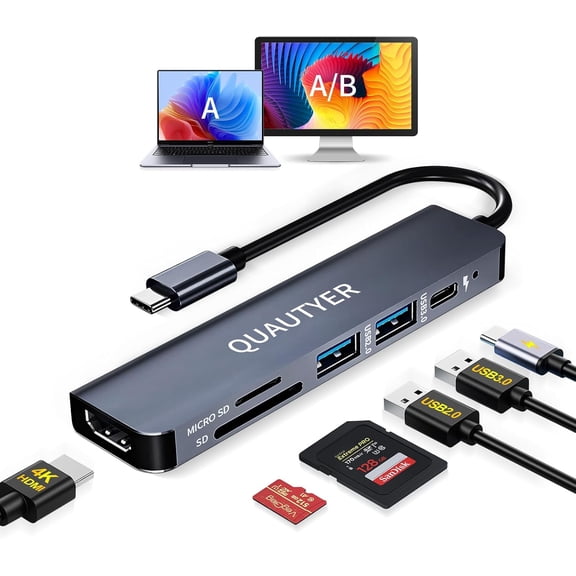 USB C Hub Multiport Adapter Dongle for MacBook Air 6 in 1 USB C to HDMI Multiport Adapter with 4K HDMI, 100W PD, USB 3.0, SD/TF Card Reader MacBook hdmi Adapter for MacBook Air/Pro, iPad, Dell XPS