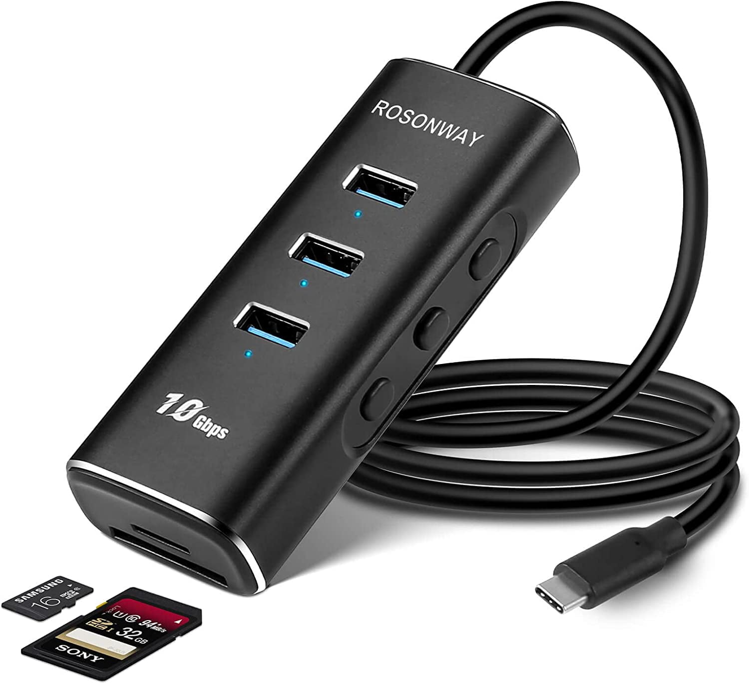 USB C Hub, ROSONWAY Aluminum 5-in-1 USB 3.1 Gen 2 Hub with 3 10Gbps Data Ports and SD/TF Card Reader, Thunderbolt 3 Compatible, A104D
