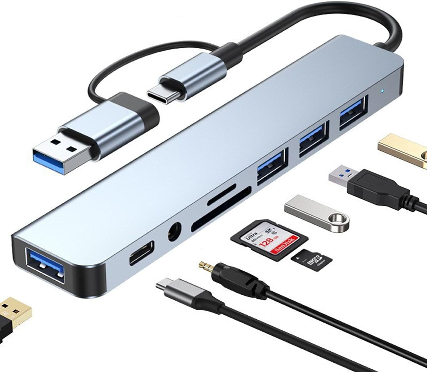 USB C Hub USB Hub 3.0, Aluminum 8 in 1 USB Extender with SD/TF Card Reader, 3.5mm Aux Headphone Jack for MacBook Pro Air and More PC/Laptop/Tablet Devices