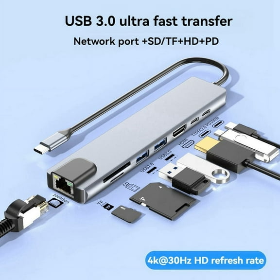 USB-C Hub with Ethernet, 4K HD, USB 3.0, SD Card Reader, 87W PD Charging High-Speed Data Transfer for ,MacOS
