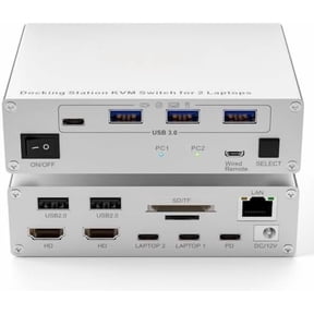 USB C KVM 2 Monitors 2 Laptops,4K @60Hz MST KVM for 2 , 100W PD and 1G Ethernet,Wired Remote Control and USB C Cables, 11 cm
