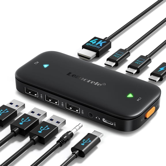 USB C KVM Switch, 2 Computer Sharing 4K@60Hz HDMI Monitor, 100W PD Fast Charging, 3USB-A 2.0 + 1USB-C 2.0 Data Ports, 3.5mm Audio for Windows/Mac/Linux