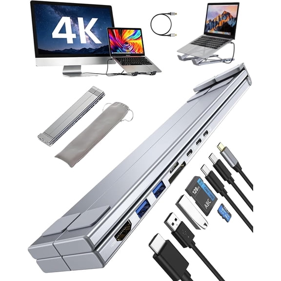 USB C Laptop Stand with Docking Station,8 in 1 Hub Laptop Stand Foldable Computer Riser with 4K HDMIPD 100W Dual Data Ports Multiport Adapter for Notebook Tablet,Portable Height Adjustable Holder
