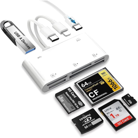 USB C & Lighting to SD Card Reader for iPhone/iPad/Android, 7-in-1 Memory Card Adapter Supporting SD/MicroSD/CF/MS/XD Cards, USB OTG Camera Adapter with Portable Design, Fast Charging & Plug and Play