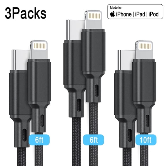 Cshidworld USB C to Lightning Cable [MFi Certified] 3Pack 6/6/10 ft Nylon Braided Charger Cable, Type C Charging Cord Compatible with iPhone 14/13/13 Pro Max/12/12 ProMax/11/XS/XR/X/8/iPad
