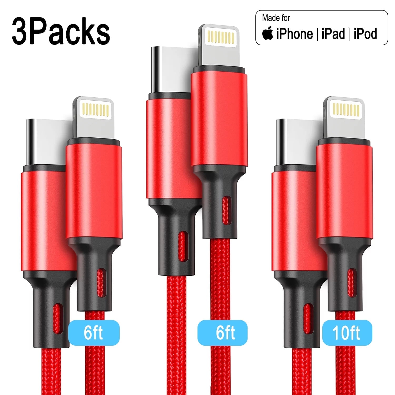 USB C to Lightning Cable [MFi Certified] 3Pack 6/6/10FT iPhone Fast Charger Cable Power Delivery Type C Charging Cord Compatible with iPhone 14 13 13 Pro Max 12 12 Pro Max 11 XS XR X iPad，Red