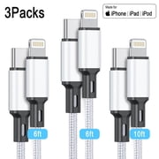 Cshidworld USB C To Lightning Cable [MFi Certified] 3Pack 6/6/10FT ,Fast Charger Cable Type C Charging Cord Compatible with iPhone 14/13/13 Pro Max/12/12 Pro Max/11/xs/xr/x/8/iPad, Silver