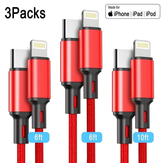 Cshidworld USB C to Lightning Cable [MFi Certified] 3Pack 6/6/10FT iPhone Fast Charger Cable Type C Charging Cord Compatible with iPhone 14 13 13 Pro Max 12 12 Pro Max 11 XS XR X iPad,Red