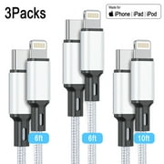 USB C to Lightning Cable [MFi Certified] 3Pack 6/6/10FT iPhone Fast Charger Cable Power Delivery Type C Charging Cord Compatible with iPhone 14/13/13 Pro Max/12/12 ProMax/11/XS/XR/X/8/iPad, Silver